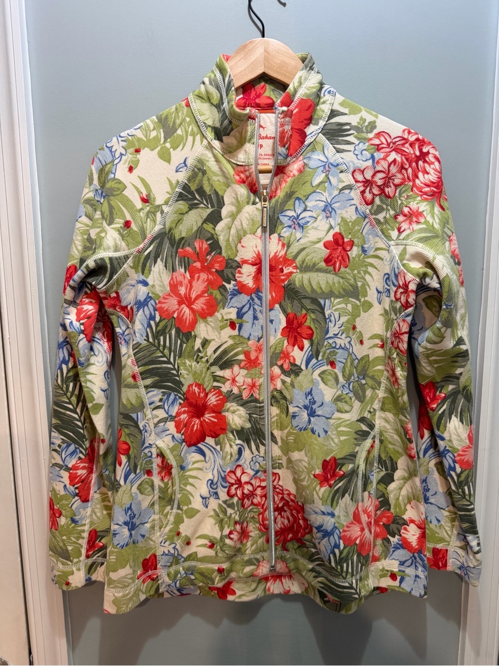 Tommy Bahama Floral Zip Utility Jacket in Cream, Red & Green